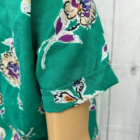 Oak Hill SMALL American VINTAGE 80s Womens Green Floral Button Up Blouse Top - Picture 7 of 11